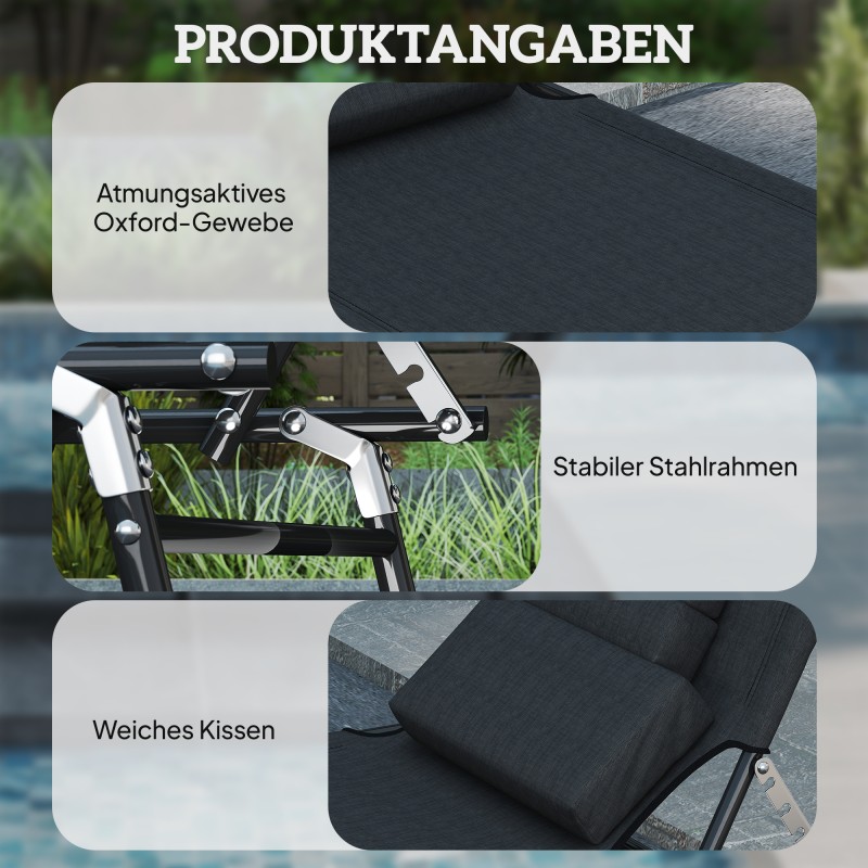 Taitettava aurinkotuoli kasvoreiällä ja tyynyillä, vettähylkivä Oxford-kangas, teräsrunko, musta