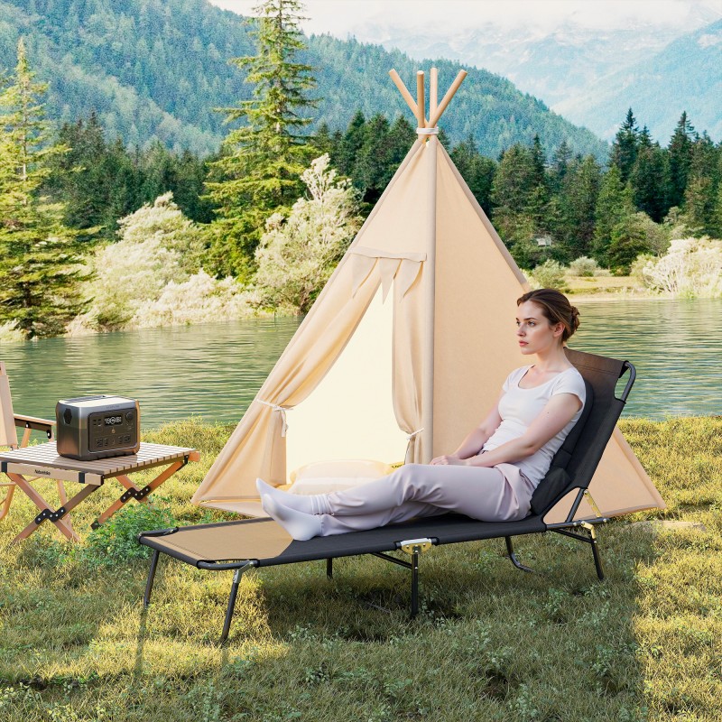 Taitettava aurinkotuoli kasvoreiällä ja tyynyillä, vettähylkivä Oxford-kangas, teräsrunko, musta