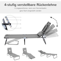 Taitettava aurinkotuoli kasvoaukolla ja tyynyillä, vettähylkivä polyesteri, teräsrunko, tummanharmaa