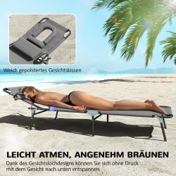 Taitettava aurinkotuoli kasvoaukolla ja tyynyillä, vettähylkivä polyesteri, teräsrunko, tummanharmaa