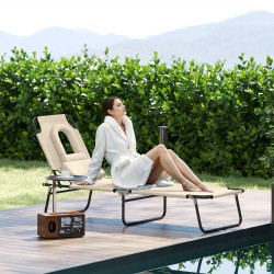 Kokoontaitettava aurinkotuoli kasvoaukolla ja tyynyillä, metallirunko, vettä hylkivä Oxford-kangas, beige