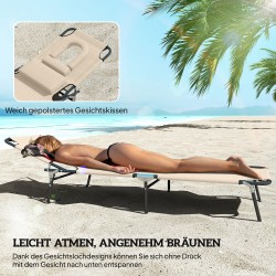 Kokoontaitettava aurinkotuoli kasvoaukolla ja tyynyillä, metallirunko, vettä hylkivä Oxford-kangas, beige