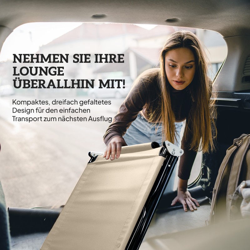 Kokoontaitettava aurinkotuoli kasvoaukolla ja tyynyillä, metallirunko, vettä hylkivä Oxford-kangas, beige