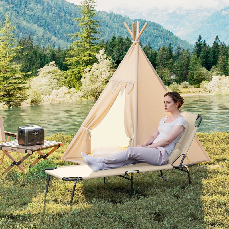 Kokoontaitettava aurinkotuoli kasvoaukolla ja tyynyillä, metallirunko, vettä hylkivä Oxford-kangas, beige