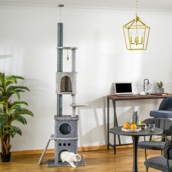 Kattoon asti ulottuva säädettävä raapimapuu 225–255 cm, 6 tasoa ja 3 pesää, vaaleanharmaa