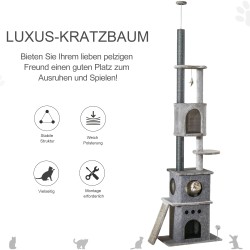 Kattoon asti ulottuva säädettävä raapimapuu 225–255 cm, 6 tasoa ja 3 pesää, vaaleanharmaa