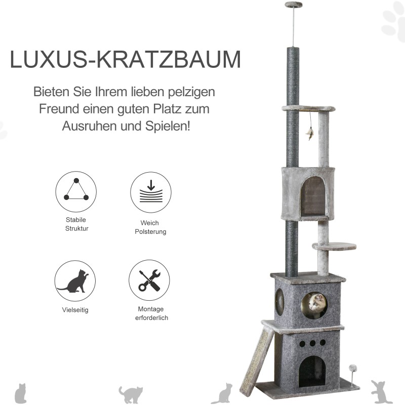 Kattoon asti ulottuva säädettävä raapimapuu 225–255 cm, 6 tasoa ja 3 pesää, vaaleanharmaa