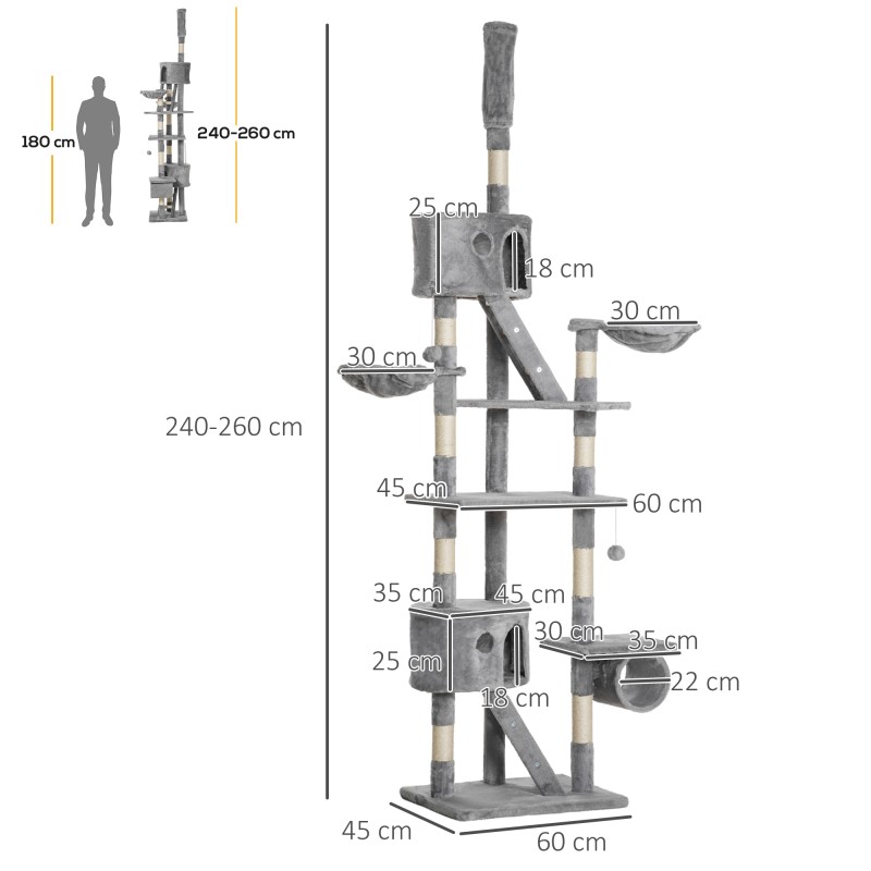 Kattoon asti ulottuva kissan kiipeily- ja raapimapuu 240–260 cm, vaaleanharmaa