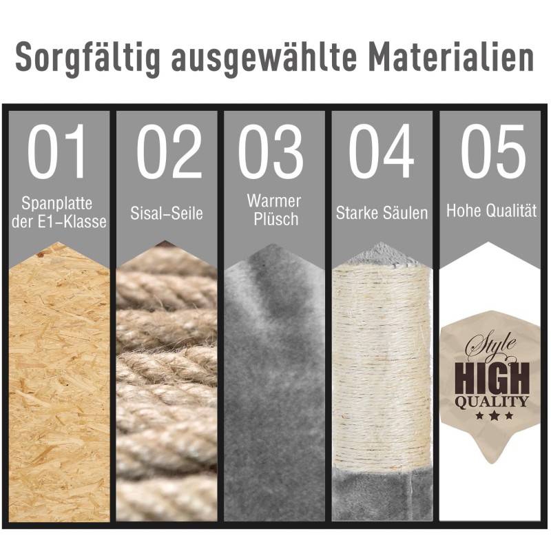 Raapimis- ja kiipeilypuu kissoille, monitasoinen, 2 piilopaikkaa, tikkaat, sisal-tolpat, plyysi, harmaa 49 x 49 x 173 cm