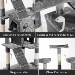 Raapimis- ja kiipeilypuu kissoille, monitasoinen, 2 piilopaikkaa, tikkaat, sisal-tolpat, plyysi, harmaa 49 x 49 x 173 cm