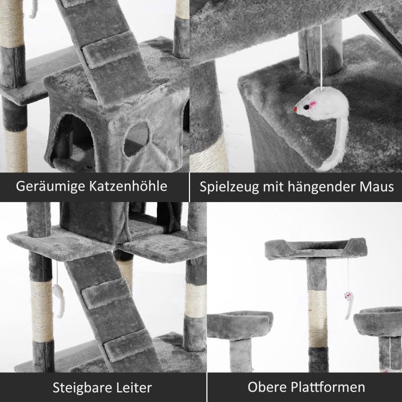 Raapimis- ja kiipeilypuu kissoille, monitasoinen, 2 piilopaikkaa, tikkaat, sisal-tolpat, plyysi, harmaa 49 x 49 x 173 cm