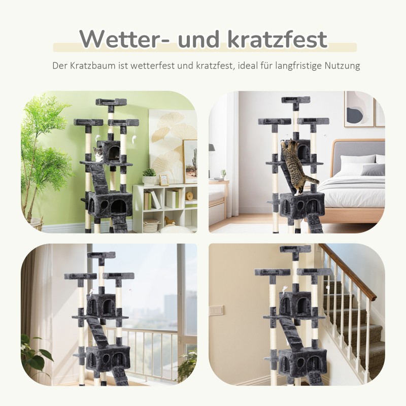 Raapimis- ja kiipeilypuu kissoille, monitasoinen, 2 piilopaikkaa, tikkaat, sisal-tolpat, plyysi, harmaa 49 x 49 x 173 cm