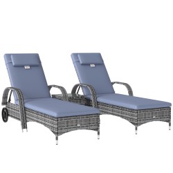 Puutarhan aurinkotuolisetti 3 osainen 2 säädettävää polyrottinkilepotuolia tyynyillä ja sivupöytä harmaa