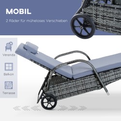 Puutarhan aurinkotuolisetti 3-osainen, 2 säädettävää polyrottinkilepotuolia tyynyillä ja sivupöytä, harmaa