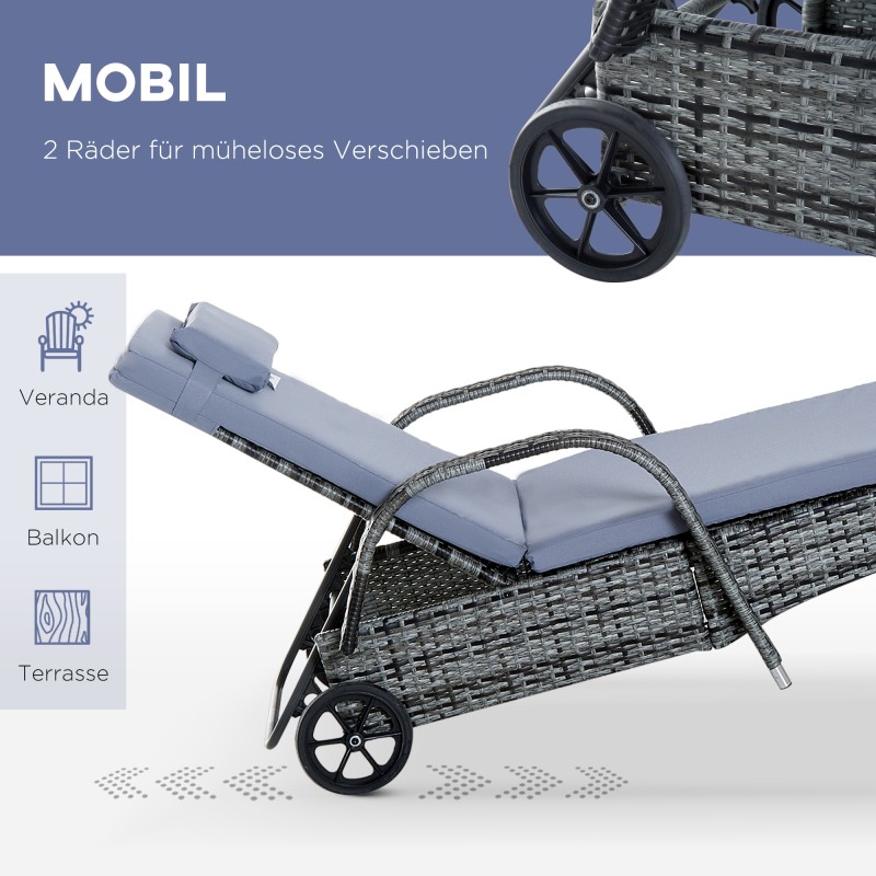 Puutarhan aurinkotuolisetti 3-osainen, 2 säädettävää polyrottinkilepotuolia tyynyillä ja sivupöytä, harmaa