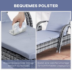 Puutarhan aurinkotuolisetti 3-osainen, 2 säädettävää polyrottinkilepotuolia tyynyillä ja sivupöytä, harmaa