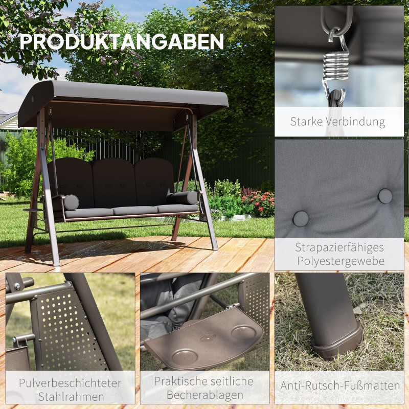 Puutarhakeinu 3-hengen katoksella ja sivutasoilla, tummanharmaa, maksimikuormitus 360 kg