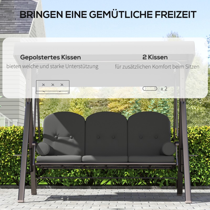 Puutarhakeinu 3-hengen katoksella ja sivutasoilla, tummanharmaa, maksimikuormitus 360 kg
