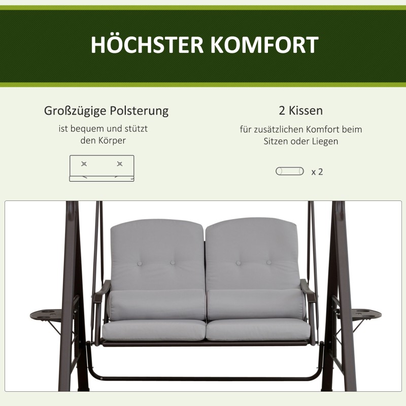 Puutarhakeinu 2 hengen metallirunko aurinkokatos ja tyynyt ruskea/harmaa 162 x 118 x 173 cm