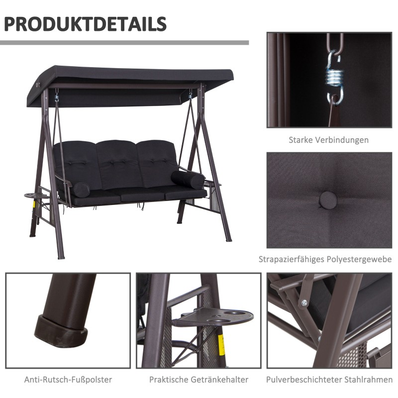 3 hengen pihakeinu säädettävällä katoksella, metallirunko, ruskea/musta, 116 x 206 x 183 cm