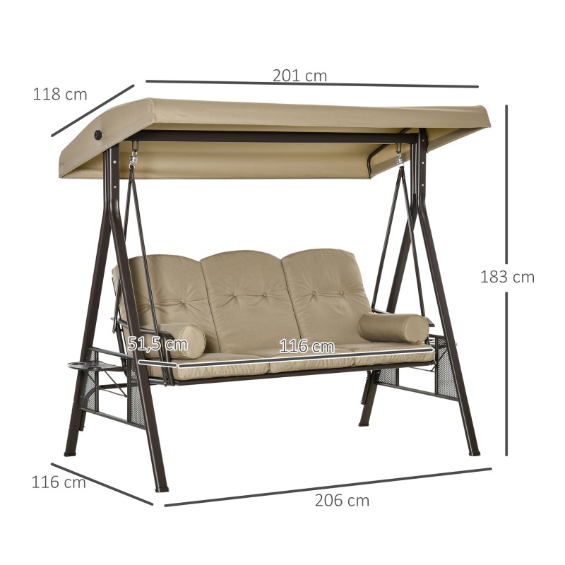 3 hengen pihakeinu aurinkokatoksella ja tyynyillä, metalli/polyesteri, khaki, 116 x 206 x 183 cm