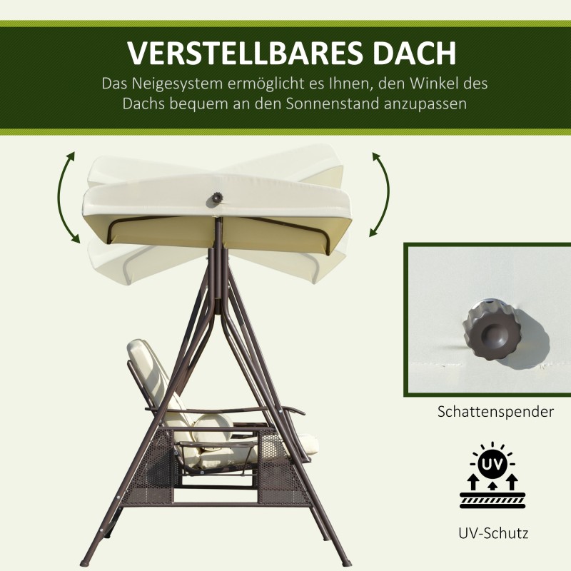 2-istuttava puutarhakeinu katoksella, sivutasoilla ja pehmusteilla, mustavalkoinen