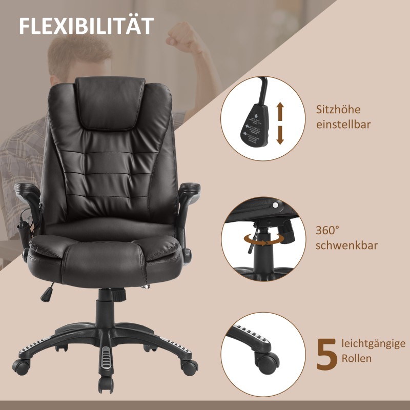 Ergonominen ruskea keinonahkainen toimistotuoli hieronta- ja lämmitystoiminnoilla, kallistuva, keinutoiminto, 360° pyörivä