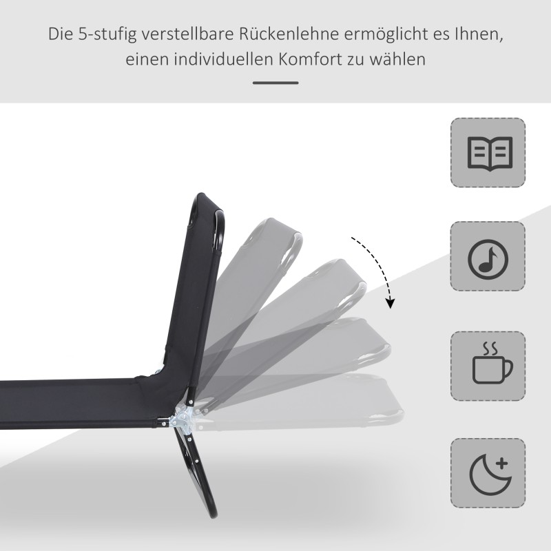 Aurinkotuoli / lepotuoli, 5-asentoinen selkänoja, nopeasti kuivuva kangas, metallirunko, 190 x 56 x 28 cm, musta