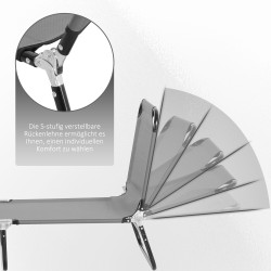 Aurinkotuoli, 5-asentoinen selkänoja, kokoontaitettava, nopeasti kuivuva Oxford-kangas, metallirunko, 188 x 56 x 28 cm, harmaa