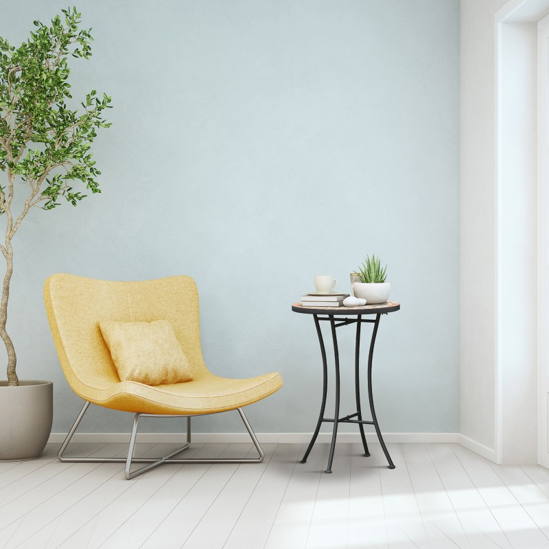 Pyöreä mosaiikkipintainen sivupöytä Ø35,5 cm, metalli ja keramiikka, sisä- ja ulkokäyttöön, keltaharmaa