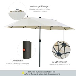Ovaali aurinkovarjo LED-valoilla 440 x 256 cm cremeweiß