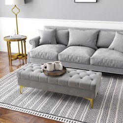 Samettinen sängynpääty- ja eteispenkki, vaaleanharmaa, korotetut kullanväriset jalat, 118 x 45 x 42 cm