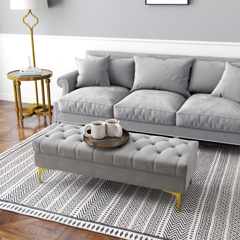 Samettinen sängynpääty- ja eteispenkki, vaaleanharmaa, korotetut kullanväriset jalat, 118 x 45 x 42 cm