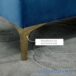 Samettinen penkki sängynpäätyyn ja eteiseen, sininen, korkeat kullanväriset metallijalat 118x45x42 cm