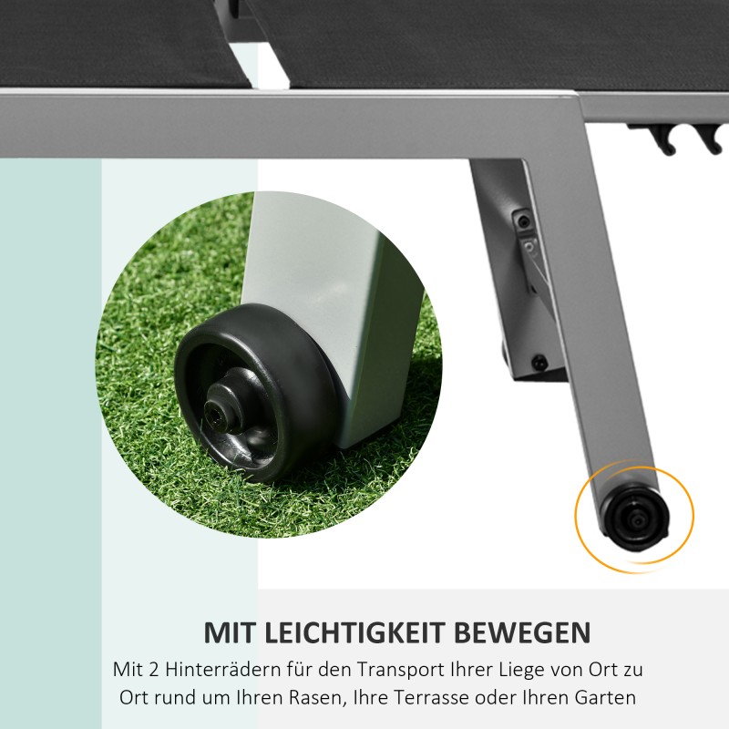 Säädettävä alumiininen puutarhan aurinkotuoli, musta, 5-asentoinen selkänoja, 202 x 65 x 43 cm