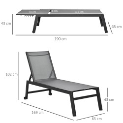 Säädettävä aurinkotuoli / puutarhatuoli, alumiini, harmaa, 5-asentoinen selkänoja, 202 x 65 x 43 cm