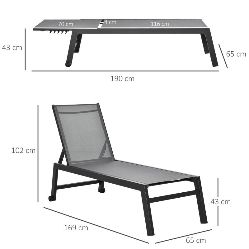 Säädettävä aurinkotuoli / puutarhatuoli, alumiini, harmaa, 5-asentoinen selkänoja, 202 x 65 x 43 cm