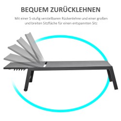 Säädettävä aurinkotuoli / puutarhatuoli, alumiini, harmaa, 5-asentoinen selkänoja, 202 x 65 x 43 cm