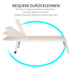 Aurinkotuoli / puutarhalepotuoli, 5-asentoinen selkänoja, alumiinirunko, verkkokangas, cremevalkoinen, 202 x 65 x 43 cm