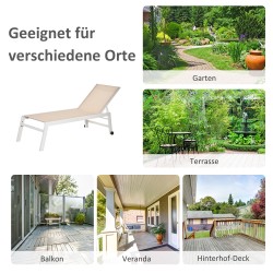 Aurinkotuoli / puutarhalepotuoli, 5-asentoinen selkänoja, alumiinirunko, verkkokangas, cremevalkoinen, 202 x 65 x 43 cm