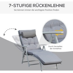Taitettava aurinkotuoli / rantatuoli 7-asentoisella selkänojalla, tyynyillä, harmaa, kantavuus 165 kg