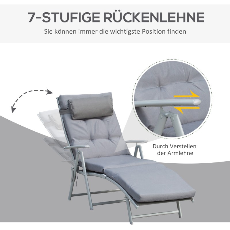 Taitettava aurinkotuoli / rantatuoli 7-asentoisella selkänojalla, tyynyillä, harmaa, kantavuus 165 kg