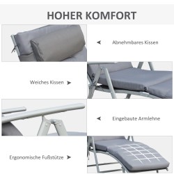 Taitettava aurinkotuoli / rantatuoli 7-asentoisella selkänojalla, tyynyillä, harmaa, kantavuus 165 kg