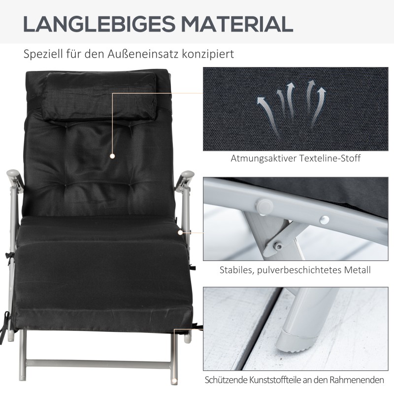 Kokoontaitettava aurinkotuoli / rantatuoli, 7-asentoinen selkänoja, istuin- ja niskatyyny, max 165 kg, musta