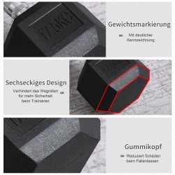 Kuusikulmainen kumipäällysteinen käsipaino 17,5 kg, metalli/kumi, musta