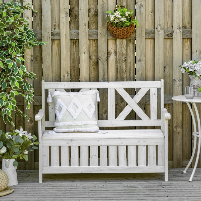 Valkoinen puinen säilytyspenkki ulkokäyttöön 2-istuttava 115 x 61 x 85 cm