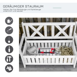 Valkoinen puinen säilytyspenkki ulkokäyttöön 2-istuttava 115 x 61 x 85 cm