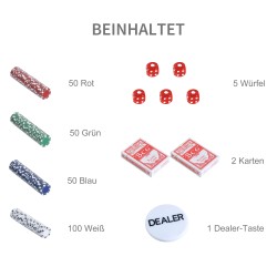 Pokerisetti 500 pelimerkkiä, 2 korttipakkaa, 5 noppaa, jakajamerkki, lukittava alumiinisalkku