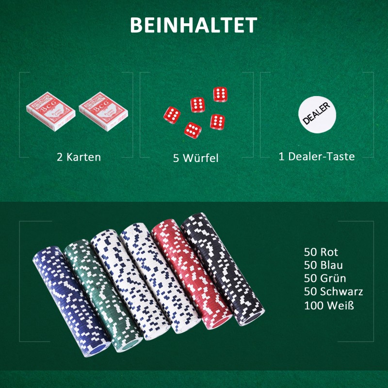 Pokerisetti 500 pelimerkkiä, 2 korttipakkaa, 5 noppaa, jakajamerkki, lukittava alumiinisalkku