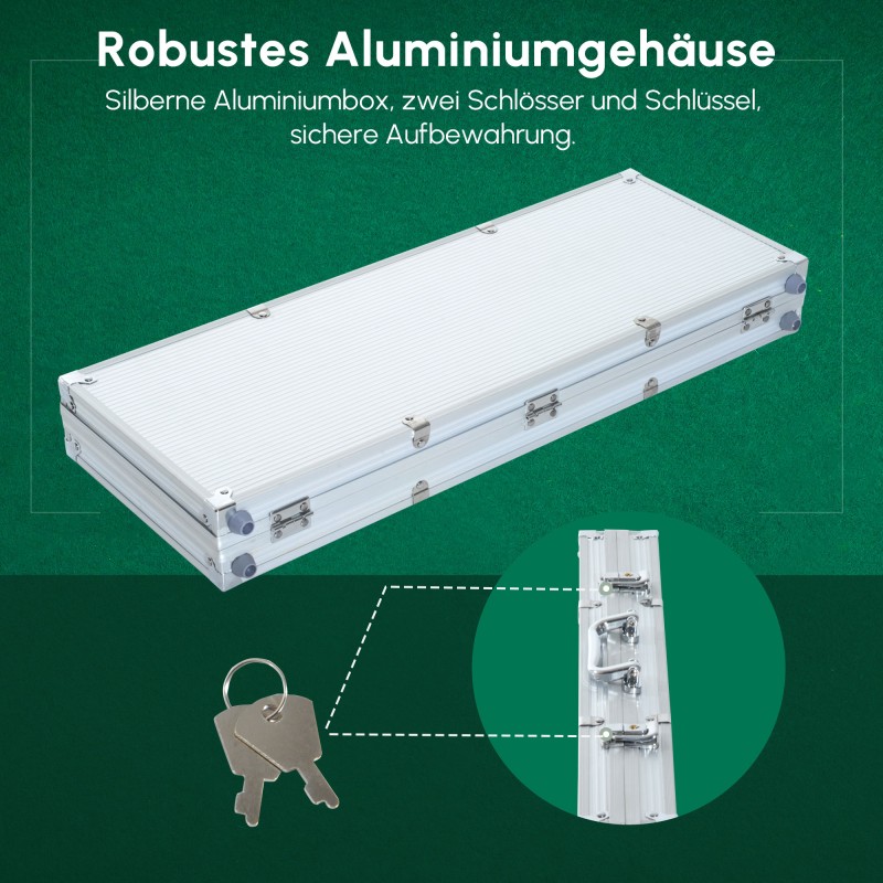 Pokerisetti 500 pelimerkkiä, 2 korttipakkaa, 5 noppaa, jakajamerkki, lukittava alumiinisalkku